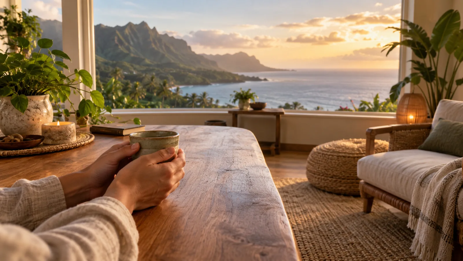 Hands holding tea in a calm room overlooking the Hawaiian coast