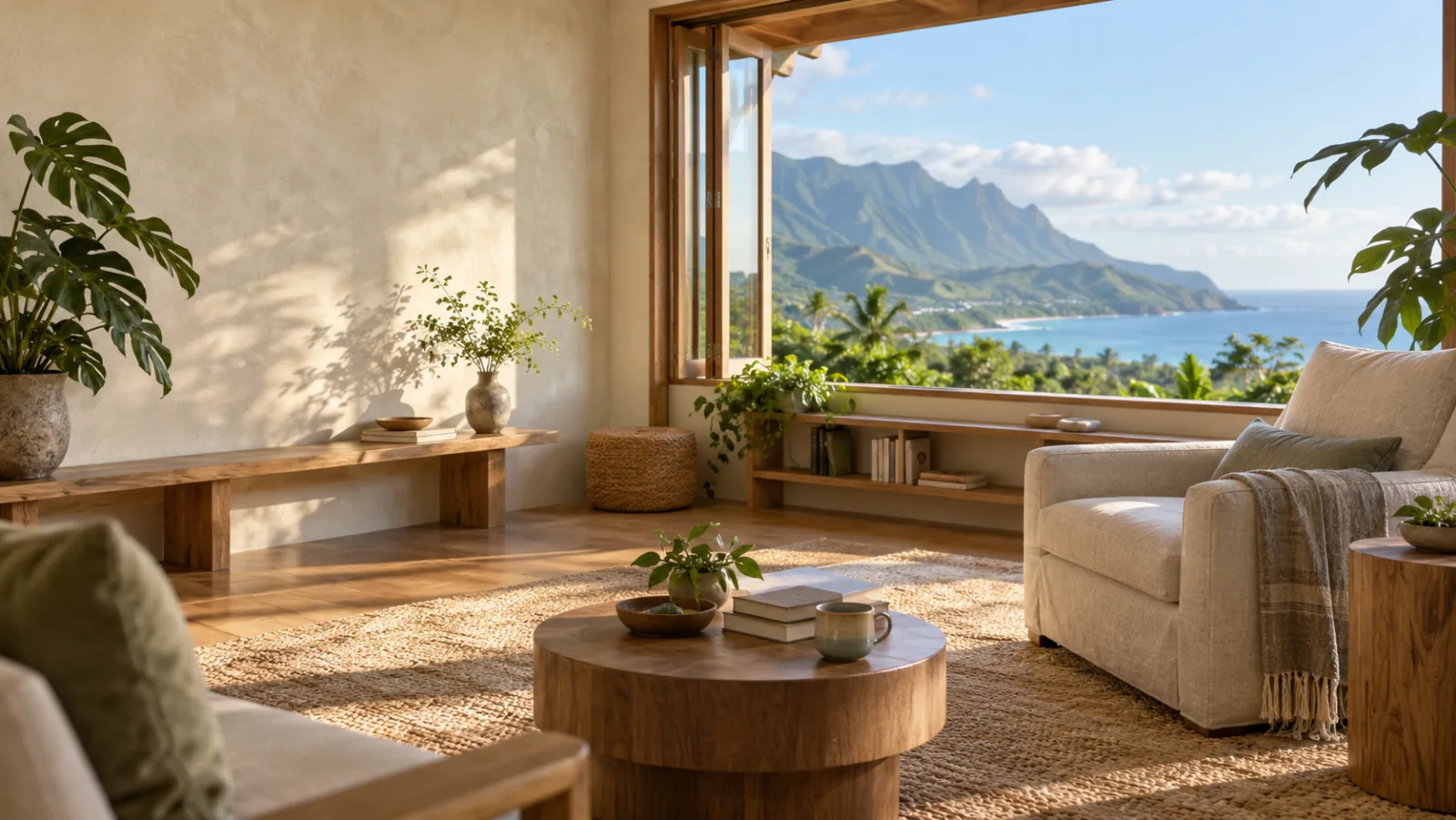 Warm counseling room with plants and a Hawaiian ocean and mountain view